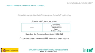 EDUCATION ACROSS BORDERS FOR TEACHER DEVELOPMENT
MADRID, 30TH NOVEMBER, 2015
RESEARCH & DEVELOPMENT
DIGITAL COMPETENCE FRAMEWORK FOR TEACHERS
Project to standardize digital competence through 21 descriptors
3 levels and 5 areas are stated
Based on the European Commission DIGCOMP
Cooperative project between INTEF and autonomous regions.
AREAS
Information
Communication
Content creation
Safety
Problem solving
 
