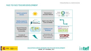 EDUCATION ACROSS BORDERS FOR TEACHER DEVELOPMENT
MADRID, 30TH NOVEMBER, 2015
TRAINING & SERVICES
FACE TO FACE TEACHER DEVELOPMENT
Summer courses for
teachers
Iberoamerican
Innovation Network
Mobility program for
teachers and schools
Digital Culture Plan for
Ceuta and Melilla
Spanish Embassies
and Autonomous
Communities
Conferences and
Workshops
SIMO Educational Fair
Innovation &
Collaboration Projects
Partnerships with
Spanish Universities
and institutions
 