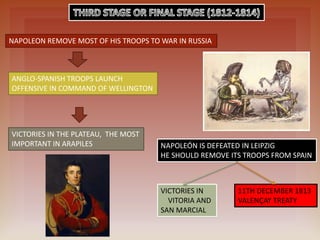 NAPOLEON REMOVE MOST OF HIS TROOPS TO WAR IN RUSSIA
ANGLO-SPANISH TROOPS LAUNCH
OFFENSIVE IN COMMAND OF WELLINGTON
VICTORIES IN THE PLATEAU, THE MOST
IMPORTANT IN ARAPILES NAPOLEÓN IS DEFEATED IN LEIPZIG
HE SHOULD REMOVE ITS TROOPS FROM SPAIN
VICTORIES IN
VITORIA AND
SAN MARCIAL
11TH DECEMBER 1813
VALENÇAY TREATY
 