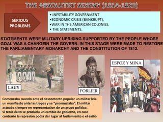 • INESTABILITY GOVERNMENT
•ECONOMIC CRISIS (BANKRUPT).
•WAR IN THE AMERICAN COLONIES.
• THE STATEMENTS.
SERIOUS
PROBLEMS
Comenzaba cuando ante el descontento popular un militar leía
un manifiesto ante las tropas y se “pronunciaba”. El militar
actuaba siempre en representacion de un grupo politico.
Si tenia éxito se producia un cambio de gobierno, en caso
contrario la represion podia dar lugar al fusilamiento o el exilio
LACY
PORLIER
ESPOZ Y MINA
STATEMENTS WERE MILITARY UPRISING SUPPORTED BY THE PEOPLE WHOSE
GOAL WAS A CHANGEIN THE GOVERN. IN THIS STAGE WERE MADE TO RESTORE
THE PARLIAMENTARY MONARCHY AND THE CONSTITUTION OF 1812.
 
