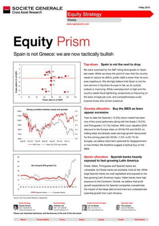 4 May 2010


                                                                                                             Equity Strategy
                                                                                                             Weekly
                                                                                                            www.sgresearch.com




Equity Prism
Spain is not Greece: we are now tactically bullish
                               0                                                                                             Top-down                 Spain is not the next to drop
                               -2
                                                                                                                             We were surprised by the S&P rating downgrade on Spain
                                                                                   DE
  Public deficit (% of GDP)




                               -4                                           AU
                                                                          NL
                                                                                                                             last week. While we share the point of view that the country
                                                                                    EMU                      IT
                               -6                                                                 BG                         needs to reduce its deficit, public debt is lower than its euro
                                                                                       FR
                               -8                                                                                            area neighbours. We strongly believe that Spain is not the
                                                                                    PT                                       next domino in Southern Europe to fall, as its cyclical
                              -10

                              -12
                                                                     ES                                                      outlook is improving. While unemployment is high and the
                                                                            IR                              GR
                                                                                                                             country needs fiscal tightening, productivity is improving on
                              -14
                                    0         20           40       60            80          100          120    140        the back of large job cuts, and competitiveness could
                                                                   Public debt (% of GDP)
                                                                                                                             surprise those who remain sceptical.


                                             Strong correlation between equity and spreads                                   Country allocation               Buy the IBEX as fears
                                                                                                                             appear excessive
                      12500                                                                                        2.5

                      11500                                                                                        3.0
                                                                                                                             Year-to-date the Spanish (-12.0%) stock market has been
                      10500                                                                                        3.5
                                                                                                                             one of the worst performers along with the Greek (-16.2%)
                              9500                                                                                 4.0
                                                                                                                             and Portuguese (-12.1%) indices. With a low valuation (20%
                              8500                                                                                 4.5       discount to the Europe index on 2010e P/E and 29.8% on
                              7500                                                                                 5.0       trailing data) and already weak earnings growth discounted
                                                                                                                             for the coming years (for 2010e +1.5% vs 32.1% for
                              6500                                                                                 5.5
                                    Aug-08   Nov-08     Feb-09     May-09        Aug-09     Nov-09      Feb-10               Europe), we believe short-term potential for disappointment
                                                      IBEX (lhs)          Spain 5yr CDS (log inverted)                       is now limited. We therefore suggest a tactical buy on the
                                                                                                                             IBEX.


                              60                                                                                             Sector allocation Spanish banks heavily
                              50                                                                                             exposed to fast-growing Latin America
                              40                   18m forward EPS growth (%)                                                Greek, Italian, Portuguese and Spanish banks are
                              30                                                                                             vulnerable, but Greek banks are probably most at risk. While
                                                                                                                             large Spanish banks are well capitalised and exposed to the
                              20
                                                                                                                             fast-growing Latin American region, Italian banks have high
                              10
                                                                                                                             exposure to the Continent. Overall, we believe that profit
                               0
                                                                                                                             growth expectations for Spanish companies overestimate
                                   00 00 01 01 02 02 03 03 04 04 05 05 06 06 07 07 08 08 09 09 10
                      -10                                                                                                    the impact of the bleak debt environment but underestimate
                                                           Spanish Banks               European Banks
                                                                                                                             potential growth from Latin America.
Source: SG Cross Asset Research, Datastream


                               Equity Strategy                                         Equity Strategy                           Equity Technical Analysis           Specialist sales
                               Claudia Panseri                                         Charlotte Lize                            Loic de Galzain                     Paul Jackson
                               (33) 1 58 98 53 35                                      (33) 1 42 13 83 98                        (33) 1 42 13 47 12                  (44) 20 7762 5921
                               claudia.panseri@sgcib.com                               charlotte.lize@sgcib.com                  loic.de galzain@sgcib.com           paul.jackson@sgcib.com

Please see important disclaimer and disclosures at the end of the document


                                    Macro                   Commodities                          Forex                   Rates                    Equity          Credit                 Derivatives
 