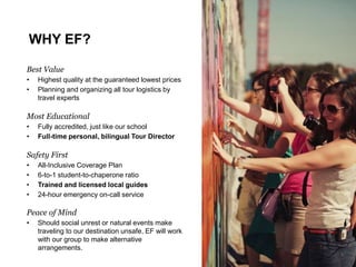 WHY EF?
Best Value
• Highest quality at the guaranteed lowest prices
• Planning and organizing all tour logistics by
travel experts
Most Educational
• Fully accredited, just like our school
• Full-time personal, bilingual Tour Director
Safety First
• All-Inclusive Coverage Plan
• 6-to-1 student-to-chaperone ratio
• Trained and licensed local guides
• 24-hour emergency on-call service
Peace of Mind
• Should social unrest or natural events make
traveling to our destination unsafe, EF will work
with our group to make alternative
arrangements.
 