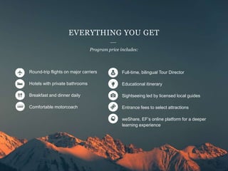 Full-time, bilingual Tour Director
Educational itinerary
Sightseeing led by licensed local guides
Entrance fees to select attractions
weShare, EF’s online platform for a deeper
learning experience
Round-trip flights on major carriers
Hotels with private bathrooms
Breakfast and dinner daily
Comfortable motorcoach
Program price includes:
EVERYTHING YOU GET
 