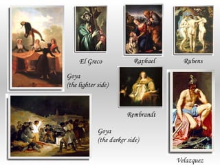 El Greco              Raphael     Rubens

Goya
(the lighter side)



                         Rembrandt

             Goya
             (the darker side)

                                     Velazquez
 