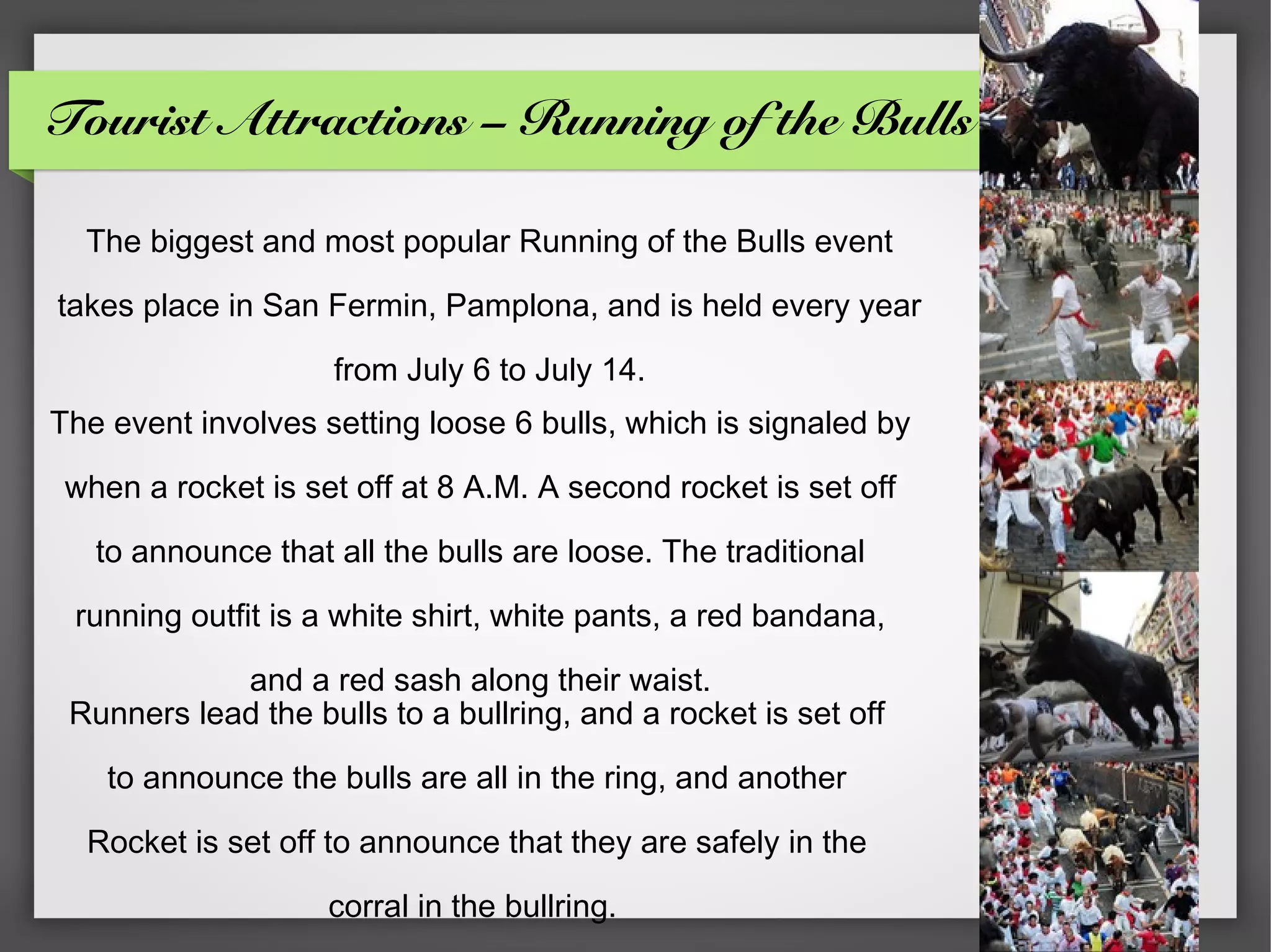 Tourist Attractions – Running of the Bulls

  The biggest and most popular Running of the Bulls event

takes place in San Fermin, Pamplona, and is held every year

                    from July 6 to July 14.
The event involves setting loose 6 bulls, which is signaled by

 when a rocket is set off at 8 A.M. A second rocket is set off

   to announce that all the bulls are loose. The traditional

 running outfit is a white shirt, white pants, a red bandana,

            and a red sash along their waist.
 Runners lead the bulls to a bullring, and a rocket is set off

    to announce the bulls are all in the ring, and another

  Rocket is set off to announce that they are safely in the

                    corral in the bullring.
 