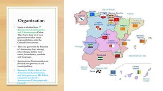 Organization
• Spain is divided into 17
Autonomous Communities
and 2 Autonomous Cities.
They have their own local
governments that share
responsibilities with the
Central Government.
• They are governed by Statutes
of Autonomy that, among
other things, define their
name, boundaries, symbols
and language.
• Autonomous Communities are
divided into provinces and
municipalities.
• Research: Make a list of the
Autonomous Communities
and their provinces. On Which
continent are the two
Autonomous Cities physically
located?
 