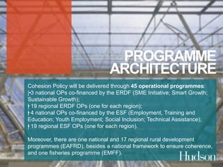 PROGRAMME 
ARCHITECTURE 
Cohesion Policy will be delivered through 45 operational programmes: 
|• 3 national OPs co-financed by the ERDF (SME Initiative; Smart Growth; 
Sustainable Growth); 
•| 19 regional ERDF OPs (one for each region); 
•| 4 national OPs co-financed by the ESF (Employment, Training and 
Education; Youth Employment; Social Inclusion; Technical Assistance); 
•| 19 regional ESF OPs (one for each region). 
Moreover, there are one national and 17 regional rural development 
programmes (EAFRD), besides a national framework to ensure coherence, 
and one fisheries programme (EMFF). 
 