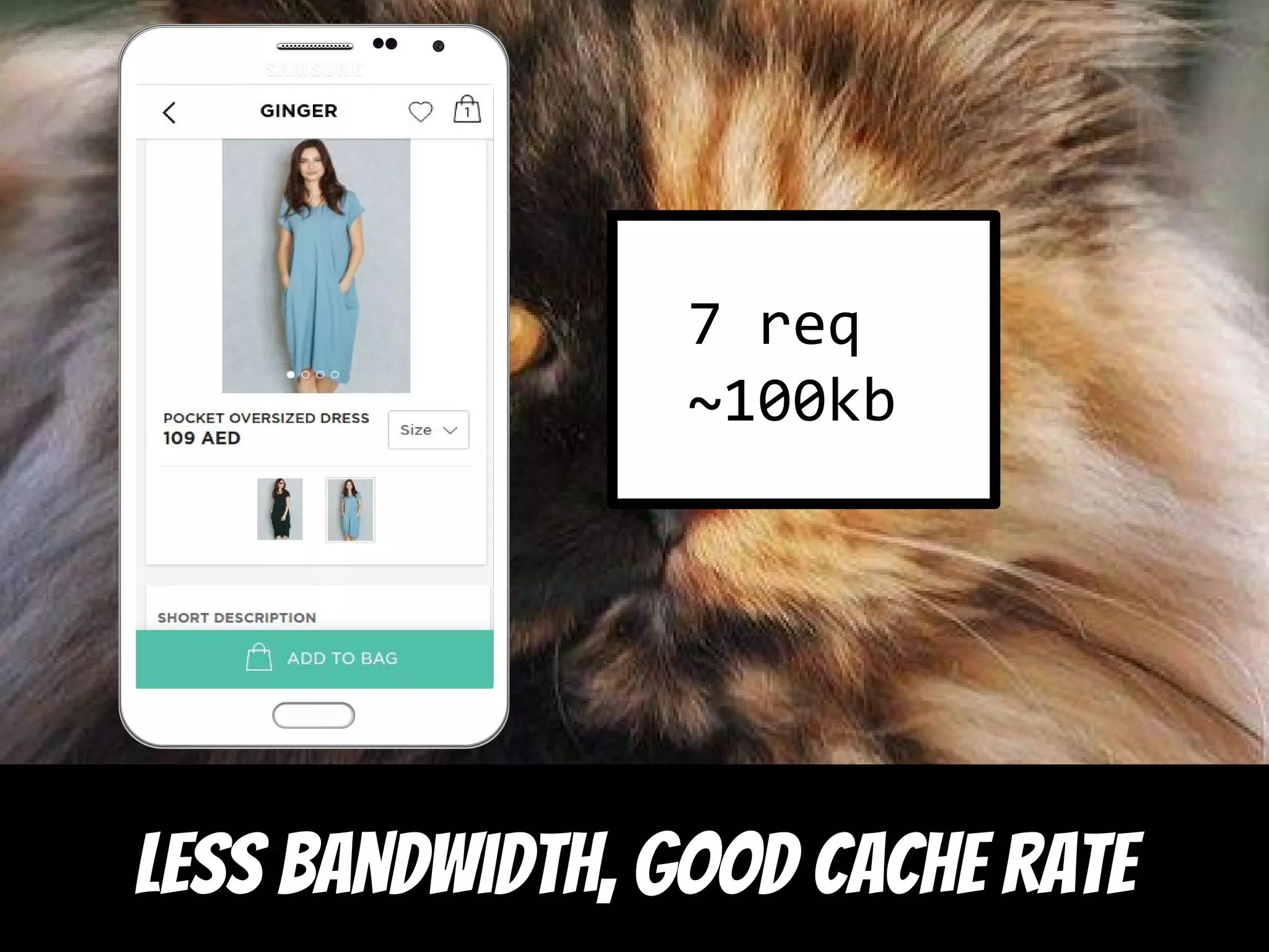 Less bandwidth, good cache rate
7 req
~100kb
 