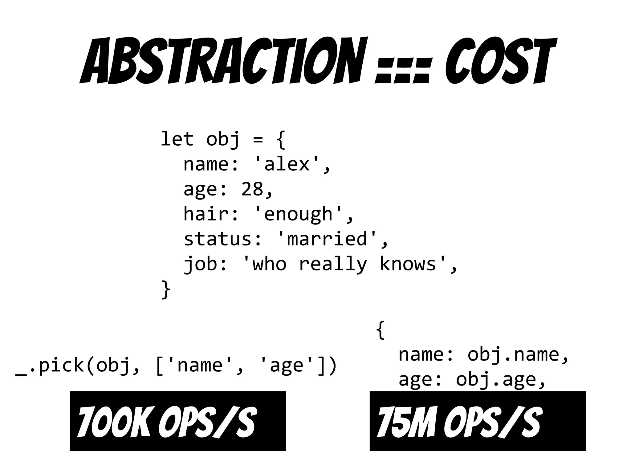 Abstraction === cost
let obj = {
name: 'alex',
age: 28,
hair: 'enough',
status: 'married',
job: 'who really knows',
}
_.pick(obj, ['name', 'age'])
{
name: obj.name,
age: obj.age,
}
700k ops/s 75m ops/s
 