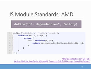JS Module Standards: AMD
16
define(id?, dependencies?, factory)
AMD Specification (on Git Hub)
Writing Modular JavaScript With AMD, CommonJS & ES Harmony (by Addy Osmani)
 