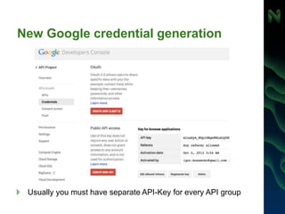 New Google credential generation
Usually you must have separate API-Key for every API group
 