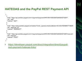 HATEOAS and the PayPal REST Payment API
[
{
"href": "https://api.sandbox.paypal.com/v1/payments/payment/PAY-6RV70583SB7028...