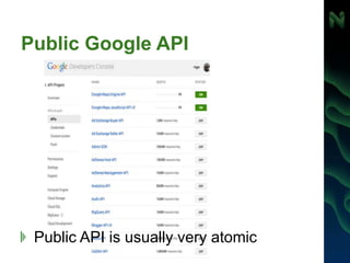 Public Google API
Public API is usually very atomic
 