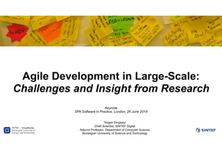 Agile Development in Large-Scale:
Challenges and Insight from Research
Keynote
SPA Software in Practice, London, 26 June 2019
Torgeir Dingsøyr
Chief Scientist, SINTEF Digital
Adjunct Professor, Department of Computer Science 
Norwegian University of Science and Technology
 