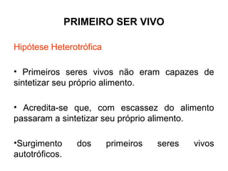 PRIMEIRO SER VIVO

Hipótese Heterotrófica

• Primeiros seres vivos não eram capazes de
sintetizar seu próprio alimento.

• Acredita-se que, com escassez do alimento
passaram a sintetizar seu próprio alimento.

•Surgimento       dos    primeiros   seres   vivos
autotróficos.
 