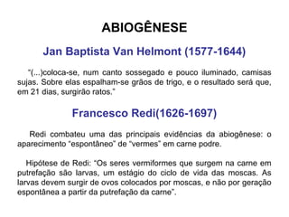 ABIOGÊNESE
      Jan Baptista Van Helmont (1577-1644)
   “(...)coloca-se, num canto sossegado e pouco iluminado, camisas
sujas. Sobre elas espalham-se grãos de trigo, e o resultado será que,
em 21 dias, surgirão ratos.”

              Francesco Redi(1626-1697)
   Redi combateu uma das principais evidências da abiogênese: o
aparecimento “espontâneo” de “vermes” em carne podre.

   Hipótese de Redi: “Os seres vermiformes que surgem na carne em
putrefação são larvas, um estágio do ciclo de vida das moscas. As
larvas devem surgir de ovos colocados por moscas, e não por geração
espontânea a partir da putrefação da carne”.
 