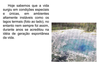 Hoje sabemos que a vida
surgiu em condições especiais
e únicas, em ambientes
altamente instáveis como os
lagos termais (foto ao lado), no
entanto nem sempre foi assim,
durante anos se acreditou na
idéia de geração espontânea
da vida.

 
