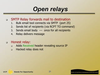 21
Open relays
 SMTP Relay forwards mail to destination
1. Bulk email tool connects via SMTP (port 25)
2. Sends list of recipients (via RCPT TO command)
3. Sends email body --- once for all recipients
4. Relay delivers message
 Honest relay:
 Adds Received header revealing source IP
 Hacked relay does not
 