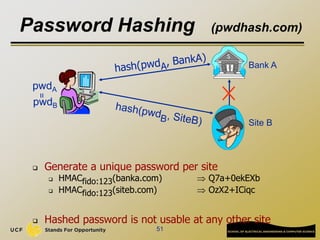 51
Password Hashing (pwdhash.com)
 Generate a unique password per site
 HMACfido:123(banka.com)  Q7a+0ekEXb
 HMACfido:123(siteb.com)  OzX2+ICiqc
 Hashed password is not usable at any other site
Bank A
Site B
pwdA
pwdB
=
 