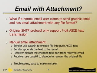 Email with Attachment?
 What if a normal email user wants to send graphic email
and has email attachment with any file format?
 Original SMTP protocol only support 7-bit ASCII text
transmission
 Manual email attachment:
 Sender use base64 to encode file into pure ASCII text
 Sender appends the text to her email
 Receiver extract the encoded text part from received email
 Receiver use base64 to decode to recover the original file
 Troublesome, easy to make mistake!
9
 