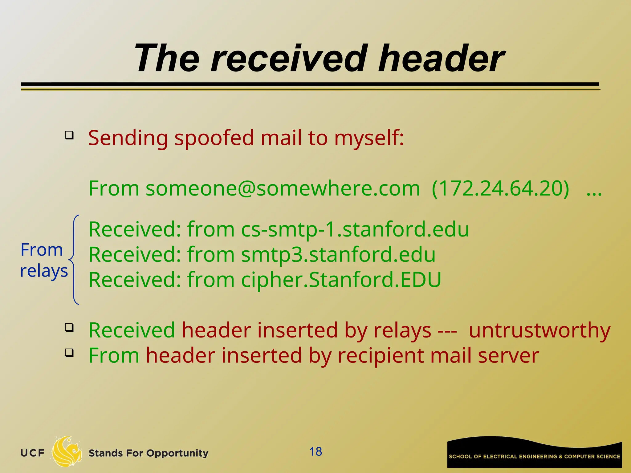 18
The received header
 Sending spoofed mail to myself:
From someone@somewhere.com (172.24.64.20) ...
Received: from cs-smtp-1.stanford.edu
Received: from smtp3.stanford.edu
Received: from cipher.Stanford.EDU
 Received header inserted by relays --- untrustworthy
 From header inserted by recipient mail server
From
relays
 