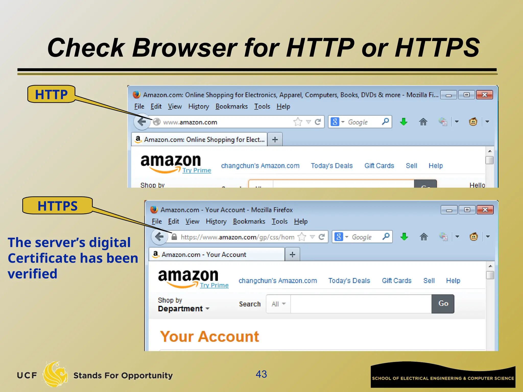 Check Browser for HTTP or HTTPS
43
HTTP
HTTPS
The server’s digital
Certificate has been
verified
 