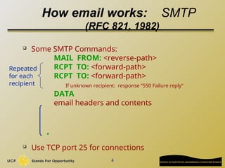 4
How email works: SMTP
(RFC 821, 1982)
 Some SMTP Commands:
MAIL FROM: <reverse-path>
RCPT TO: <forward-path>
RCPT TO: <forward-path>
If unknown recipient: response “550 Failure reply”
DATA
email headers and contents
 Use TCP port 25 for connections
.
Repeated
for each
recipient
 
