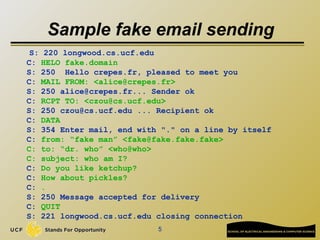 5
Sample fake email sending
S: 220 longwood.cs.ucf.edu
C: HELO fake.domain
S: 250 Hello crepes.fr, pleased to meet you
C: MAIL FROM: <alice@crepes.fr>
S: 250 alice@crepes.fr... Sender ok
C: RCPT TO: <czou@cs.ucf.edu>
S: 250 czou@cs.ucf.edu ... Recipient ok
C: DATA
S: 354 Enter mail, end with "." on a line by itself
C: from: “fake man” <fake@fake.fake.fake>
C: to: “dr. who” <who@who>
C: subject: who am I?
C: Do you like ketchup?
C: How about pickles?
C: .
S: 250 Message accepted for delivery
C: QUIT
S: 221 longwood.cs.ucf.edu closing connection
 