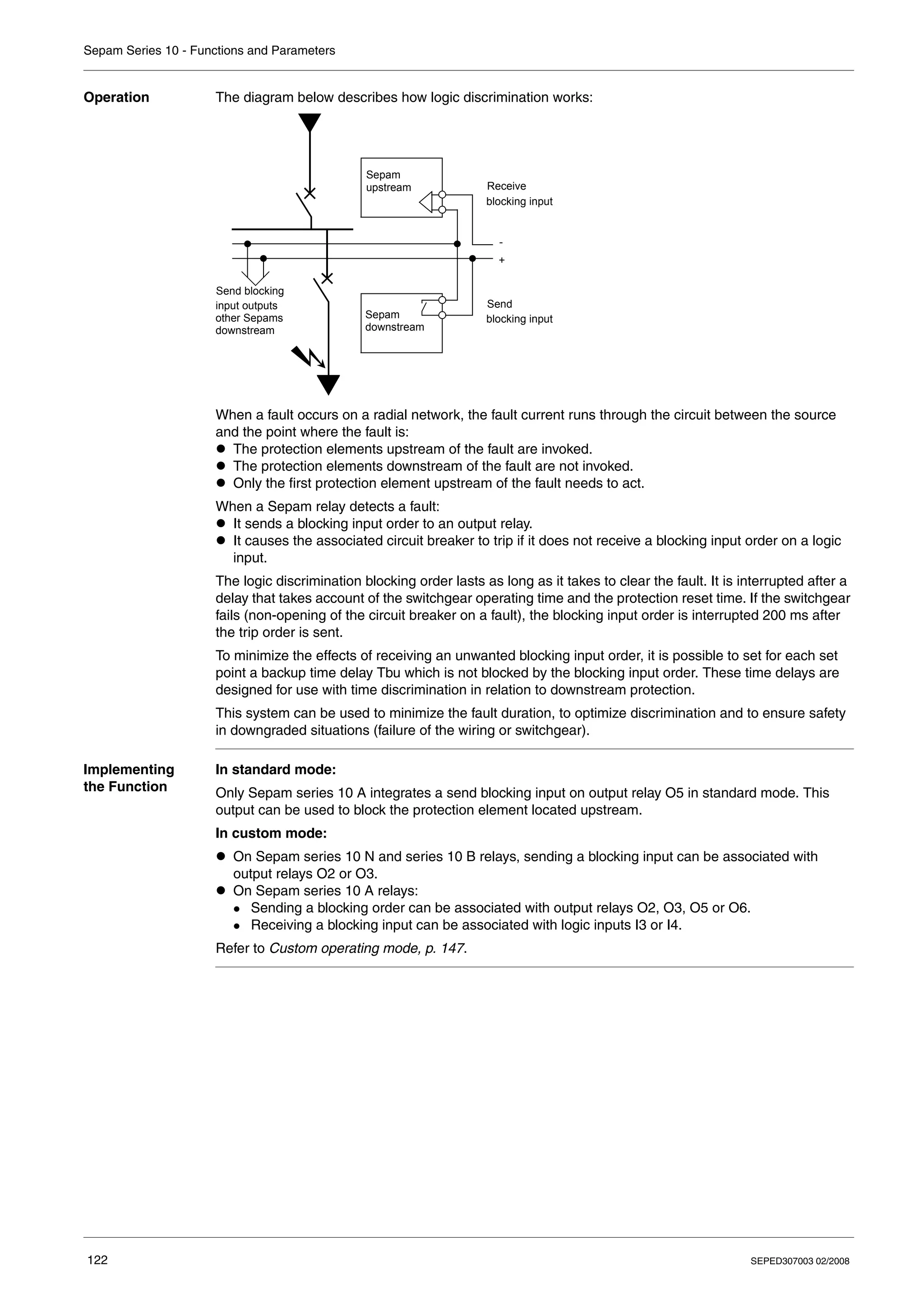 Sepam Series 10 - Functions and Parameters
122 SEPED307003 02/2008
Operation The diagram below describes how logic discrimination works:
When a fault occurs on a radial network, the fault current runs through the circuit between the source
and the point where the fault is:
z The protection elements upstream of the fault are invoked.
z The protection elements downstream of the fault are not invoked.
z Only the first protection element upstream of the fault needs to act.
When a Sepam relay detects a fault:
z It sends a blocking input order to an output relay.
z It causes the associated circuit breaker to trip if it does not receive a blocking input order on a logic
input.
The logic discrimination blocking order lasts as long as it takes to clear the fault. It is interrupted after a
delay that takes account of the switchgear operating time and the protection reset time. If the switchgear
fails (non-opening of the circuit breaker on a fault), the blocking input order is interrupted 200 ms after
the trip order is sent.
To minimize the effects of receiving an unwanted blocking input order, it is possible to set for each set
point a backup time delay Tbu which is not blocked by the blocking input order. These time delays are
designed for use with time discrimination in relation to downstream protection.
This system can be used to minimize the fault duration, to optimize discrimination and to ensure safety
in downgraded situations (failure of the wiring or switchgear).
Implementing
the Function
In standard mode:
Only Sepam series 10 A integrates a send blocking input on output relay O5 in standard mode. This
output can be used to block the protection element located upstream.
In custom mode:
z On Sepam series 10 N and series 10 B relays, sending a blocking input can be associated with
output relays O2 or O3.
z On Sepam series 10 A relays:
z Sending a blocking order can be associated with output relays O2, O3, O5 or O6.
z Receiving a blocking input can be associated with logic inputs I3 or I4.
Refer to Custom operating mode, p. 147.
Receive
blocking input
blocking input
Send
Sepam
upstream
Sepam
downstream
-
+
input outputs
other Sepams
downstream
Send blocking
 