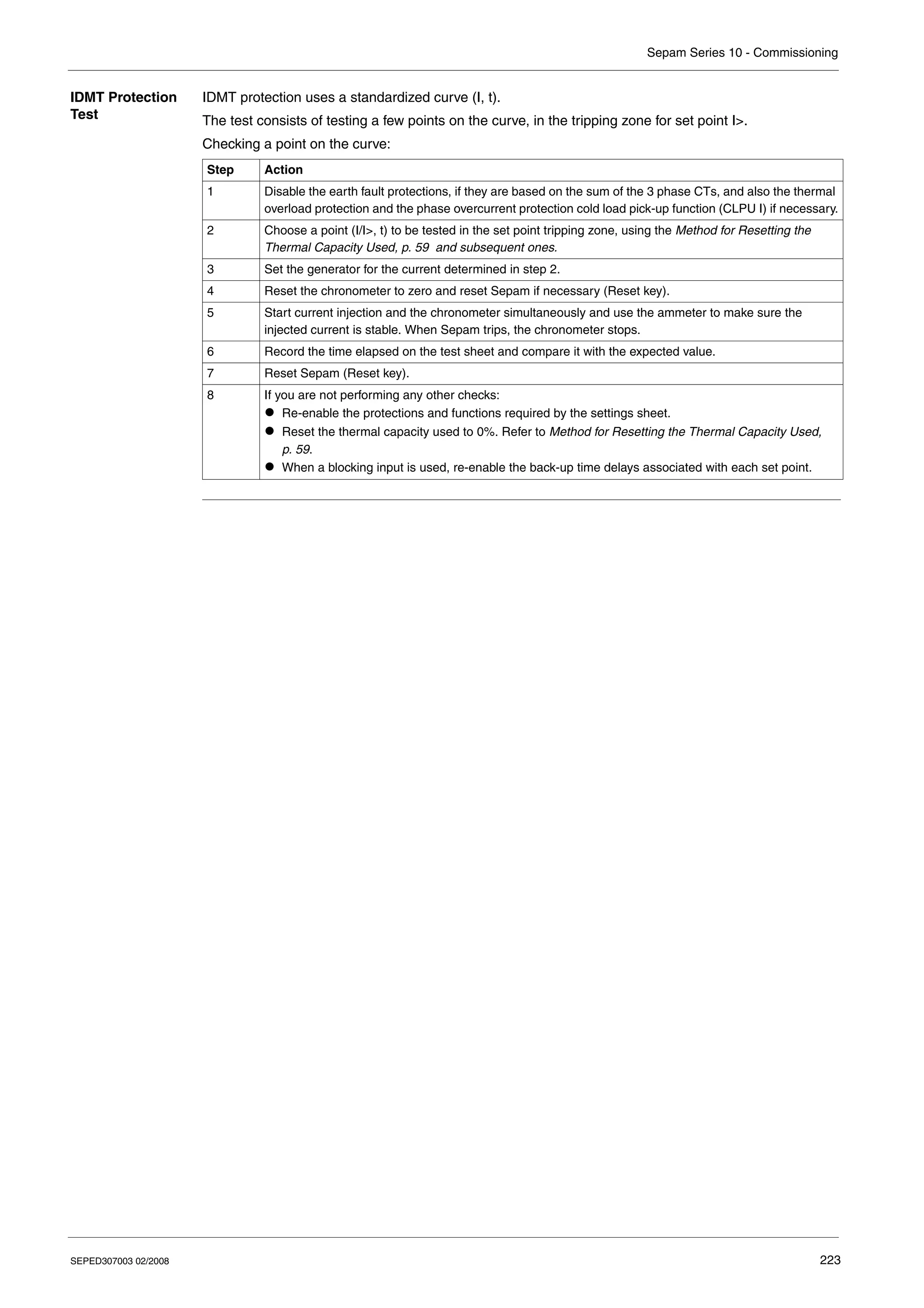 Sepam Series 10 - Commissioning
SEPED307003 02/2008 223
IDMT Protection
Test
IDMT protection uses a standardized curve (I, t).
The test consists of testing a few points on the curve, in the tripping zone for set point I>.
Checking a point on the curve:
Step Action
1 Disable the earth fault protections, if they are based on the sum of the 3 phase CTs, and also the thermal
overload protection and the phase overcurrent protection cold load pick-up function (CLPU I) if necessary.
2 Choose a point (I/I>, t) to be tested in the set point tripping zone, using the Method for Resetting the
Thermal Capacity Used, p. 59 and subsequent ones.
3 Set the generator for the current determined in step 2.
4 Reset the chronometer to zero and reset Sepam if necessary (Reset key).
5 Start current injection and the chronometer simultaneously and use the ammeter to make sure the
injected current is stable. When Sepam trips, the chronometer stops.
6 Record the time elapsed on the test sheet and compare it with the expected value.
7 Reset Sepam (Reset key).
8 If you are not performing any other checks:
z Re-enable the protections and functions required by the settings sheet.
z Reset the thermal capacity used to 0%. Refer to Method for Resetting the Thermal Capacity Used,
p. 59.
z When a blocking input is used, re-enable the back-up time delays associated with each set point.
 