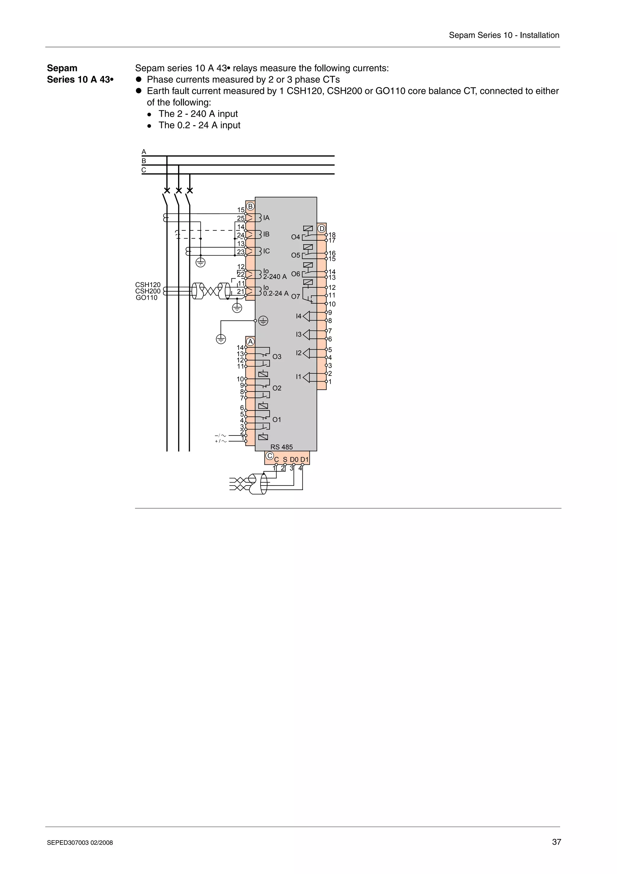 Sepam Series 10 - Installation
SEPED307003 02/2008 37
Sepam
Series 10 A 43•
Sepam series 10 A 43• relays measure the following currents:
z Phase currents measured by 2 or 3 phase CTs
z Earth fault current measured by 1 CSH120, CSH200 or GO110 core balance CT, connected to either
of the following:
z The 2 - 240 A input
z The 0.2 - 24 A input
CSH120
CSH200
GO110
IA
IB
IC
Io
2-240 A
B
C
O1
O2
O3
1
A
2
3
4
5
6
7
8
9
10
11
12
13
14
B
21
11
22
12
23
13
24
14
25
15
I4
I2
I1
I3
O5
O6
O4
O7
D
1
2
3
4
5
6
7
8
9
10
11
12
13
14
15
16
17
18
Io
0.2-24 A
RS 485
1 2 3 4
C
C S D0 D1
A
 