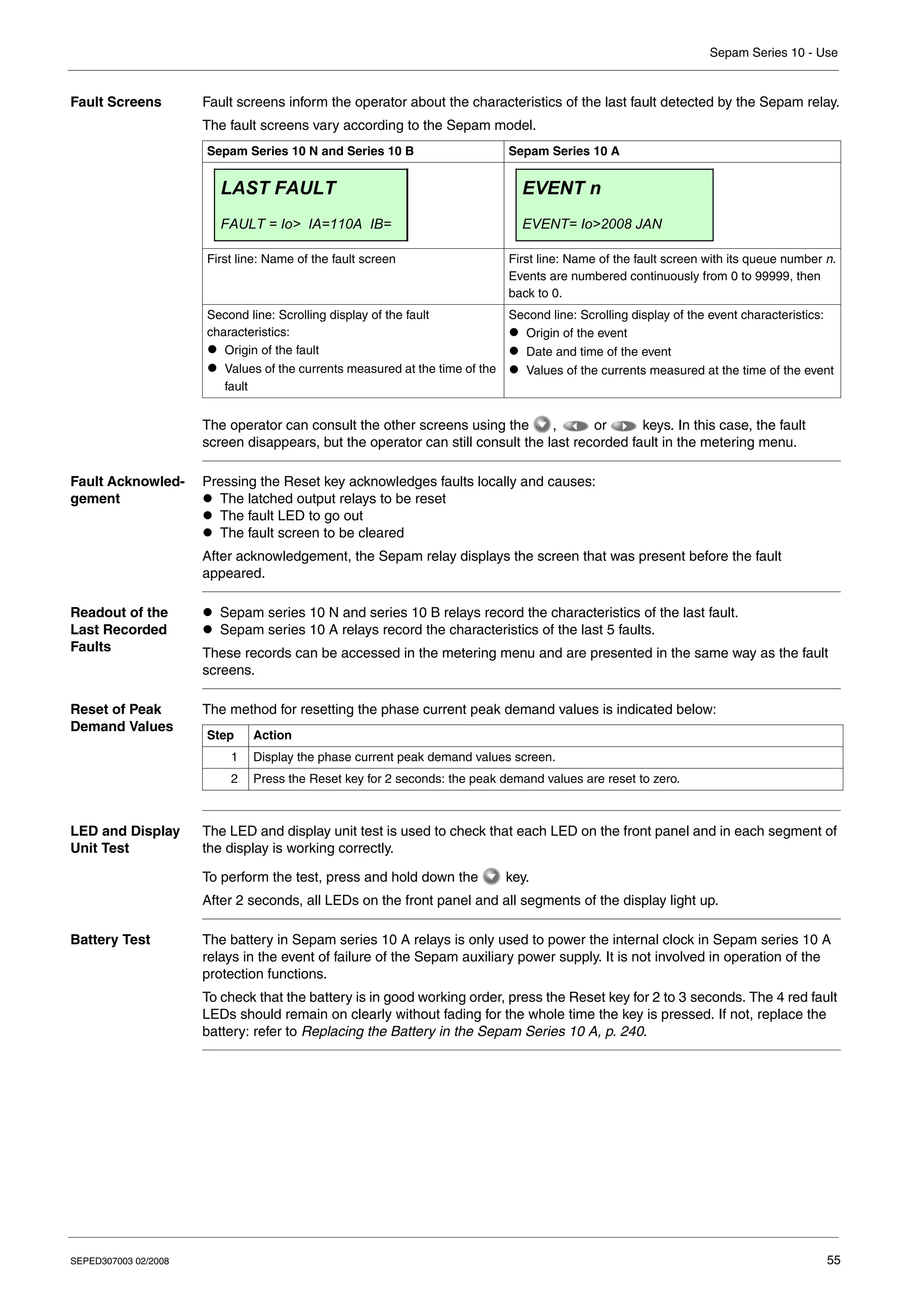 Sepam Series 10 - Use
SEPED307003 02/2008 55
Fault Screens Fault screens inform the operator about the characteristics of the last fault detected by the Sepam relay.
The fault screens vary according to the Sepam model.
The operator can consult the other screens using the , or keys. In this case, the fault
screen disappears, but the operator can still consult the last recorded fault in the metering menu.
Fault Acknowled-
gement
Pressing the Reset key acknowledges faults locally and causes:
z The latched output relays to be reset
z The fault LED to go out
z The fault screen to be cleared
After acknowledgement, the Sepam relay displays the screen that was present before the fault
appeared.
Readout of the
Last Recorded
Faults
z Sepam series 10 N and series 10 B relays record the characteristics of the last fault.
z Sepam series 10 A relays record the characteristics of the last 5 faults.
These records can be accessed in the metering menu and are presented in the same way as the fault
screens.
Reset of Peak
Demand Values
The method for resetting the phase current peak demand values is indicated below:
LED and Display
Unit Test
The LED and display unit test is used to check that each LED on the front panel and in each segment of
the display is working correctly.
To perform the test, press and hold down the key.
After 2 seconds, all LEDs on the front panel and all segments of the display light up.
Battery Test The battery in Sepam series 10 A relays is only used to power the internal clock in Sepam series 10 A
relays in the event of failure of the Sepam auxiliary power supply. It is not involved in operation of the
protection functions.
To check that the battery is in good working order, press the Reset key for 2 to 3 seconds. The 4 red fault
LEDs should remain on clearly without fading for the whole time the key is pressed. If not, replace the
battery: refer to Replacing the Battery in the Sepam Series 10 A, p. 240.
Sepam Series 10 N and Series 10 B Sepam Series 10 A
First line: Name of the fault screen First line: Name of the fault screen with its queue number n.
Events are numbered continuously from 0 to 99999, then
back to 0.
Second line: Scrolling display of the fault
characteristics:
z Origin of the fault
z Values of the currents measured at the time of the
fault
Second line: Scrolling display of the event characteristics:
z Origin of the event
z Date and time of the event
z Values of the currents measured at the time of the event
LAST FAULT
FAULT = Io> IA=110A IB=
EVENT n
EVENT= Io>2008 JAN
Step Action
1 Display the phase current peak demand values screen.
2 Press the Reset key for 2 seconds: the peak demand values are reset to zero.
 