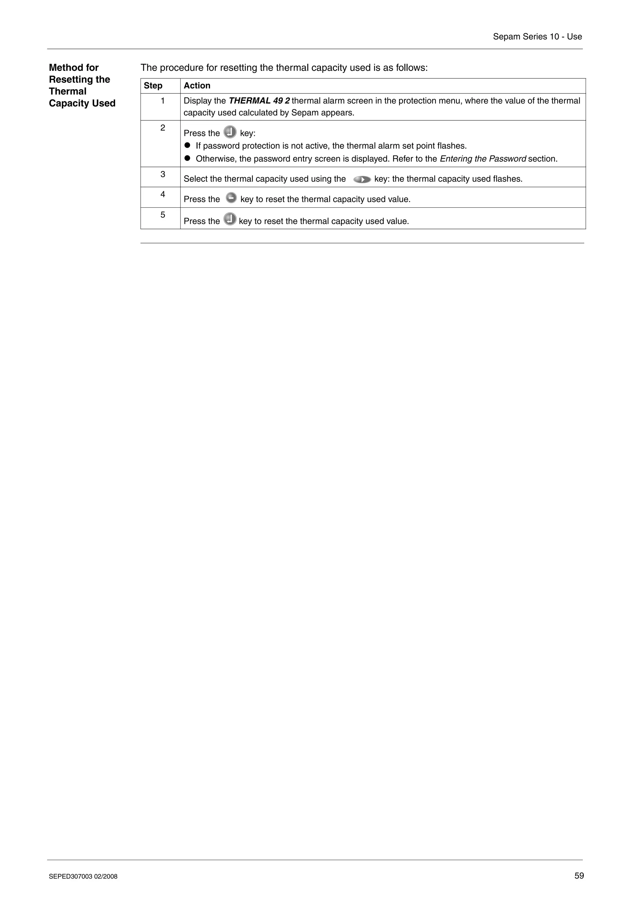 Sepam Series 10 - Use
SEPED307003 02/2008 59
Method for
Resetting the
Thermal
Capacity Used
The procedure for resetting the thermal capacity used is as follows:
Step Action
1 Display the THERMAL 49 2 thermal alarm screen in the protection menu, where the value of the thermal
capacity used calculated by Sepam appears.
2
Press the key:
z If password protection is not active, the thermal alarm set point flashes.
z Otherwise, the password entry screen is displayed. Refer to the Entering the Password section.
3
Select the thermal capacity used using the key: the thermal capacity used flashes.
4
Press the key to reset the thermal capacity used value.
5
Press the key to reset the thermal capacity used value.
 