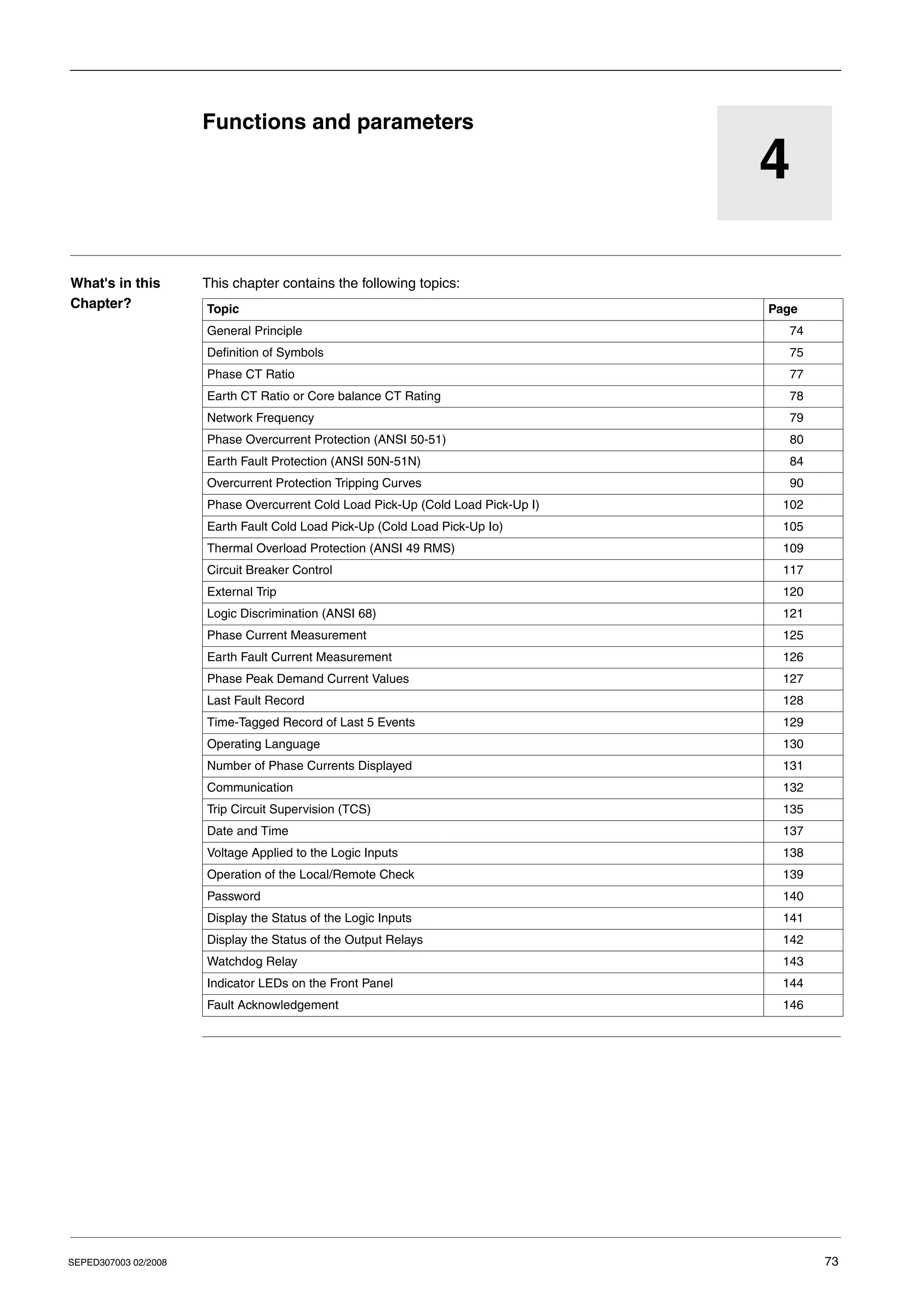 SEPED307003 02/2008 73
4
Functions and parameters
What's in this
Chapter?
This chapter contains the following topics:
Topic Page
General Principle 74
Definition of Symbols 75
Phase CT Ratio 77
Earth CT Ratio or Core balance CT Rating 78
Network Frequency 79
Phase Overcurrent Protection (ANSI 50-51) 80
Earth Fault Protection (ANSI 50N-51N) 84
Overcurrent Protection Tripping Curves 90
Phase Overcurrent Cold Load Pick-Up (Cold Load Pick-Up I) 102
Earth Fault Cold Load Pick-Up (Cold Load Pick-Up Io) 105
Thermal Overload Protection (ANSI 49 RMS) 109
Circuit Breaker Control 117
External Trip 120
Logic Discrimination (ANSI 68) 121
Phase Current Measurement 125
Earth Fault Current Measurement 126
Phase Peak Demand Current Values 127
Last Fault Record 128
Time-Tagged Record of Last 5 Events 129
Operating Language 130
Number of Phase Currents Displayed 131
Communication 132
Trip Circuit Supervision (TCS) 135
Date and Time 137
Voltage Applied to the Logic Inputs 138
Operation of the Local/Remote Check 139
Password 140
Display the Status of the Logic Inputs 141
Display the Status of the Output Relays 142
Watchdog Relay 143
Indicator LEDs on the Front Panel 144
Fault Acknowledgement 146
 