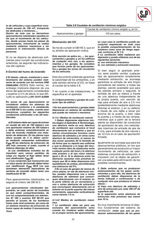 20
to de vehículos y cuya superficie cons-
truida exceda de 100 m2, incluyendo
las dedicadas a revisiones….
Dentro de este uso se denominan
aparcamientos robotizados aquellos en
los que el movimiento de los vehícu-
los, desde acceso hasta las plazas de
aparcamiento, únicamente se realiza
mediante sistemas mecánicos y sin
presencia ni intervención directa de
personas.
Si no se dispone de aberturas sufi-
cientes para cumplir las condiciones
anteriores, se seguirán las indicacio-
nes del capítulo:
8 Control del humo de incendio
2 El diseño, cálculo, instalación y man-
tenimiento del sistema pueden reali-
zarse de acuerdo con las normas UNE
23585:2004 (SCEH) Esta norma, sin
embargo implicaría disponer de una
altura del aparcamiento considerable
y superior a 3 m de altura, lo que difi-
culta su aplicación y EN 12101-6:2006
En zonas de uso Aparcamiento se
consideran válidos los sistemas de
ventilación conforme a lo establecido
en el DB HS-3, los cuales, cuando sean
mecánicos, cumplirán las siguientes
condiciones adicionales a las allí esta-
blecidas:
a) El sistema debe ser capaz de extraer
un caudal de aire de 150 l/plaza·s con
una aportación máxima de 120 l/plaza·s
y debe activarse automáticamente en
caso de incendio mediante una insta-
lación de detección. En las planas cuya
altura exceda de 4 m deben cerrar-
se mediante compuertas automáticas
E300 60 las aberturas de extracción de
aire más cercanas al suelo, cuando el
sistema disponga de ellas.
b) Los ventiladores incluidos los de
impulsión para vencer pérdidas de
carga y/o regular el flujo deben tener
una clasificación F300 60.
c) Los conductos que transcurran por
un único sector de incendio deben tener
una clasificación E300 60.Ñ Los que
atraviesen elementos separadores de
sectores de incendio deben tener una
clasificación EI 60.
Para aparcamientos robotizados, se
seguirá el criterio del DB SI 5:
Los aparcamientos robotizados dis-
pondrán, en cada sector de incendios
en que estén compartimentados, de
una vía compartimentada con elemen-
tos EI 120 y puertas EI2 60-C5 que
permita el acceso de los bomberos
hasta cada nivel existente, así como de
un sistema mecánico de extracción de
humo capaz de realizar 3 renovaciones
/hora
Tabla 2.8 Caudales de ventilación mímimos exigidos
Aparcamientos y garajes
Caudal de ventilación mínimo exigido qv en l/s
120 por plaza
Eliminación del CO
Se ha de cumplir el DB HS 3, que en
su ámbito de aplicación indica:
Esta sección se aplica en,…, los apar-
camientos y garajes; y, en los edificios
de cualquier otro uso, a los aparca-
mientos y los garajes. Se considera
que forman parte de los aparcamien-
tos y garajes las zonas de circulación
de los vehículos.
Este documento pretende garantizar
la salubridad de los ambientes, y en
este sentido eliminar el CO, en base
al caudal de la tabla 2.8.
Y en cuanto a las instalaciones, se
especifica en el apartado
3.1.4 Aparcamientos y garajes de cual-
quier tipo de edificio
1 En los aparcamientos y garajes debe
disponerse un sistema de ventilación
que puede ser natural o mecánica.
3.1.4.1 Medios de ventilación natural
1 Deben disponerse aberturas mix-
tas (según el Apéndice A Terminología,
una abertura mixta es una: Abertura
de ventilación que comunica el local
directamente con el exterior y que en
ciertas circunstancias funciona como
abertura de admisión y en otras como
abertura de extracción), al menos en
dos zonas opuestas de la fachada de
tal forma que su reparto sea uniforme
y que la distancia a lo largo del reco-
rrido mínimo libre de obstáculos entre
cualquier punto del local y la abertura
más próxima a él sea como máximo
igual a 25 m. Si la distancia entre las
aberturas opuestas más próximas es
mayor que 30 m debe disponerse otra
equidistante de ambas, permitiéndose
una tolerancia del 5%.
2 En el caso de garajes de menos de
cinco plazas, en vez de aberturas mix-
tas, pueden disponerse una o varias
aberturas de admisión que comuni-
quen directamente con el exterior en
la parte inferior de un cerramiento y
una o varias aberturas de extracción
que comuniquen directamente con el
exterior en la parte superior del mismo
cerramiento, separadas verticalmente
como mínimo 1.5 m.
3.1.4.2 Medios de ventilación mecá-
nica
1 La ventilación debe ser para uso
exclusivo del aparcamiento salvo
cuando los trasteros estén situados
en el propio recinto del aparcamiento,
en cuyo caso la ventilación puede ser
conjunta respetando en todo caso
la posible compartimentación de los
trasteros como zona de riesgo espe-
cial, conforme al SI 1-2.
2 La ventilación debe realizarse por
depresión y puede utilizarse una de las
siguientes opciones:
a) con extracción mecánica:
b) con admisión y extracción mecánica:
Si bien según el apartado ante-
rior sería posible ventilar cualquier
tipo de aparcamiento simplemente
mediante extracción, se aconseja
garantizar la entrada de aire limpio
procedente del exterior a todas las
plantas, siendo aceptable que para
las plantas primera y segunda, la
entrada de aire se realice a través
de una abertura independiente de
la propia puerta, con sección de
reja para entrada de aire a 2,5 m/s
(preferiblemente mediante aberturas
directas al exterior, o en su defecto
a través de una rejilla a situar por
encima de la puerta, o bien calar
la puerta) y a través de las rampas,
mientras que a partir de la tercera
planta se dispondrán de conductos
de aportación de aire, con velocida-
des máximas de entrada de aire de
4 m/s, para entrada de aire natural y
de 10 m/s en el caso de aportación
forzada.
Igualmente se aconseja que para los
aparcamientos públicos, en los que
generalmente se producirá un mayor
movimiento de vehículos, se usen
sistemas conjuntos de extracción e
impulsión con el objeto de garanti-
zar una adecuada eliminación de los
posibles contaminantes.
2 Debe evitarse que se produzcan
estancamientos de los gases conta-
minantes y para ello, las aberturas de
ventilación deben disponerse de la
forma indicada a continuación o de
cualquier otra que produzca el mismo
efecto :
a) haya una abertura de admisión y
otra de extracción por cada 100 m2 de
superficie útil;
b) la separación entre aberturas de
extracción más próximas sea menor
que 10 m.
Es muy importante remarcar el obje-
tivo fundamental del sistema de
ventilación: evitar que que se pro-
duzcan estancamientos de los gases
 