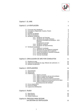 4
4
Capítulo 1. EL AIRE			 5
Capítulo 2. LA VENTILACIÓN		 6
2.1 Funciones de la Ventilación 6
2.2 Conceptos y Magnitudes: Caudal y Presión 6
2.3 Unidades			 7
2.4 Aparatos de Medida		 8
2.5 Tipos de Ventilación 		 9
2.6 Ventilación Ambiental 		 9
2.6.1. Ventilación de Viviendas 9
2.6.2. Ventilación de Locales Terciarios 11
		
2.6.2. Demanda Controlada de Ventilación - DCV 12
2.6.2. Filtración 15
2.6.2. Recuperación de Calor 15
2.6.3. Ventilación Industrial 17
2.6.4. Ventilación de Aparcamientos 19
2.7 Ventilación Localizada		 24
2.7.1. Captación Localizada 24
2.7.2. Elementos de una Captación localizada 24
2.7.3. Principios de diseño de la captación 26
2.7.4. Casos de Ventilación Industrial Localizada 28
2.7.5. Cocinas Domésticas 29
2.7.6. Cocinas Industriales 30
Capítulo 3. CIRCULACIÓN DE AIRE POR CONDUCTOS 33
3.1 Pérdida de carga		 33
3.2 Cálculo de la pérdida de carga. Método del coeficiente «n» 34
3.3 Ejemplo de aplicación		 38
Capítulo 4. VENTILADORES 39
4.1 Generalidades		 39
4.2 Definiciones		 39
4.3 Clasificación		 39
4.3.1. Según su función 39
4.3.2. Según la trayectoria del aire del ventilador 40
4.3.3. Según la presión del ventilador 40
4.3.4. Según las condiciones del funcionamiento 41
4.3.5. Según el sistema de accionamiento de la hélice 41
4.3.6. Según el método de control de
las prestaciones del ventilador 41
4.4 Curva característica		 42
4.5 Punto de Trabajo		 44
4.6 Leyes de los Ventiladores 45
Capítulo 5. RUIDO			 46
5.1 Nivel Sonoro		 46
5.2 Silenciadores		 48
5.3 Ruidos mecánicos		 49
Capítulo 6. PROCESO PARA DECIDIR
UN SISTEMA DE VENTILACIÓN 50
 