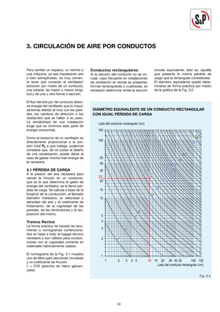 33
33
3. CIRCULACIÓN DE AIRE POR CONDUCTOS
Fig. 3.2
Para ventilar un espacio, un recinto o
una máquina, ya sea impulsando aire
o bien extrayéndolo, es muy corrien-
te tener que conectar el ventilador/
extractor por medio de un conducto,
una tubería, de mayor o menor longi-
tud y de una u otra forma o sección.
El fluir del aire por tal conducto absor-
ve energía del ventilador que lo impul-
sa/extrae debido al roce con las pare-
des, los cambios de dirección o los
obstáculos que se hallan a su paso.
La rentabilidad de una instalación
exige que se minimice esta parte de
energía consumida.
Como el consumo de un ventilador es
directamente proporcional a la pre-
sión total Pt a que trabaja, podemos
constatar que, de no cuidar el diseño
de una canalización, puede darse el
caso de gastar mucha más energía de
la necesaria.
3.1 PÉRDIDA DE CARGA
A la presión del aire necesaria para
vencer la fricción en un conducto,
que es la que determina el gasto de
energía del ventilador, se le llama pér-
dida de carga. Se calcula a base de la
longitud de la conducción, el llamado
diámetro hidráulico, la velocidad y
densidad del aire y el coeficiente de
frotamiento, de la rugosidad de las
paredes, de las dimensiones y la dis-
posición del mismo.
Tramos Rectos
La forma práctica de hacerlo es recu-
rriendo a nomogramas confecciona-
dos en base a todo el bagaje técnico
necesario y son válidos para conduc-
ciones con la rugosidad corriente en
materiales habitualmente usados.
El nomograma de la Fig. 3.1 muestra
uno de éllos para secciones circulares
y un coeficiente de fricción
λ = 0’02 (plancha de hierro galvani-
zada).
Conductos rectangulares
Si la sección del conducto no es cir-
cular, caso frecuente en instalaciones
de ventilación en donde se presentan
formas rectangulares o cuadradas, es
necesario determinar antes la sección
circular equivalente, ésto es, aquélla
que presenta la misma pérdida de
carga que la rectangular considerada.
El diámetro equivalente puede deter-
minarse de forma práctica por medio
de la gráfica de la Fig. 3.2.
Diámetro equivalente de un conducto rectangular
con igual pérdida de carga
 