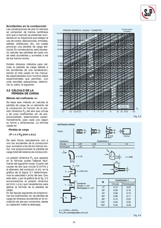34
34
Accidentes en la conducción
Las canalizaciones de aire no siempre
se componen de tramos rectilíneos
sino que a menudo se presentan acci-
dentes en su trayectoria que obligan al
uso de codos, desviaciones, entradas,
salidas, obstáculos, etc., los cuales
provocan una pérdida de carga adi-
cional. En consecuencia, será necesa-
rio calcular las pérdidas de cada uno
de tales accidentes y sumarlas a las
de los tramos rectos.
Existen diversos métodos para cal-
cular la pérdida de carga debida a
los accidentes de una canalización,
siendo el más usado en los manua-
les especializados (con muchos datos
experimentales que permiten, con
unas sencillas operaciones, determi-
nar su valor), el siguiente:
3.2 CÁLCULO DE LA
PÉRDIDA DE CARGA
Método del coeficiente «n»
Se basa este método en calcular la
pérdida de carga de un elemento de
la conducción en función de la pre-
sión dinámica Pd del aire que circula
y de unos coeficientes «n» de pro-
porcionalidad, determinados experi-
mentalmente, para cada uno según
su forma y dimensiones. La fórmula
usada es:
Pérdida de carga
∆P = n x Pd (mm c.d.a.)
De esta forma calcularemos uno a
uno los accidentes de la conducción
que, sumados a los de los tramos rec-
tos, nos proporcionarán la pérdida de
carga total del sistema de conducción.
La presión dinámica Pd que aparece
en la fórmula puede hallarse fácil-
mente del siguiente modo. A partir del
caudal de aire que circula Q (m3/h) y
el diámetro del conducto d (m), en la
gráfica de la figura 3.1 determinare-
mos la velocidad v (m/s) del aire. Con
este dato, y por la gráfica de la fig. 3.3
encontraremos la presión dinámica
pd (mm c.d.a.) que necesitamos para
aplicar la fórmula de la pérdida de
carga.
En las figuras siguientes se proporcio-
nan los coeficientes «n» de pérdida de
carga de diversos accidentes en la cir-
culación de aire por conductos, desde
su captación hasta la descarga.
Fig. 3.3
PRESIÓN DINÁMICA, CAUDAL Y DIÁMETRO
Conducciones
circulares
Diámetro 2.000 mm Ø
1.000
900
800
700
600
500
400
300
200
100
90
80
70
60
50
40
mm c.d.a.
100.000
50.000
40.000
30.000
20.000
10.000
5.000
4.000
3.000
2.000
1.000
500
400
300
200
100
50
0.1 0.2 0.3 0.4 0.5 1 2 3 4 5 10 20 30 40 50 100
Pd
Fig. 3.4
ENTRADAS VARIAS
Figura D D D
60º
D/6 Orificio
Conducto Coeficiente n
Circular 0,87 0,49 0,2 1,8
Rectangular 1,25 0,7
V
V
V
V1
D
D
D
R = D/2
n = 1,6
n = 0,6 a 0,1
V2
Conducto:
Cicular n = 0,5
Rectangular n = 0,7
n = 0,65
D
D
30
Coeficiente n
Circular Rectangular
15°
30°
45°
60°
90°
120°
150°
0,15
0,08
0,06
0,08
0,15
0,26
0,40
0,25
0,16
0,15
0,17
0,25
0,35
0,48
n = 1,78 Pd1 + 0,5 Pd2
Pd1 y Pd2 corresponden a V1 y V2
 