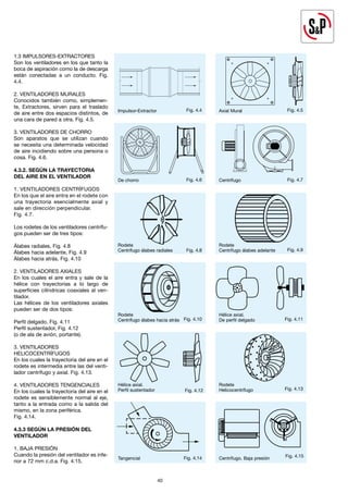 40
1.3 IMPULSORES-EXTRACTORES
Son los ventiladores en los que tanto la
boca de aspiración como la de descarga
están conectadas a un conducto. Fig.
4.4.
2. VENTILADORES MURALES
Conocidos también como, simplemen-
te, Extractores, sirven para el traslado
de aire entre dos espacios distintos, de
una cara de pared a otra. Fig. 4.5.
3. VENTILADORES DE CHORRO
Son aparatos que se utilizan cuando
se necesita una determinada velocidad
de aire incidiendo sobre una persona o
cosa. Fig. 4.6.
4.3.2. SEGÚN LA TRAYECTORIA
DEL AIRE EN EL VENTILADOR
1. VENTILADORES CENTRÍFUGOS
En los que el aire entra en el rodete con
una trayectoria esencialmente axial y
sale en dirección perpendicular.
Fig. 4.7.
Los rodetes de los ventiladores centrífu-
gos pueden ser de tres tipos:
Álabes radiales, Fig. 4.8
Álabes hacia adelante, Fig. 4.9
Álabes hacia atrás, Fig. 4.10
2. VENTILADORES AXIALES
En los cuales el aire entra y sale de la
hélice con trayectorias a lo largo de
superficies cilíndricas coaxiales al ven-
tilador.
Las hélices de los ventiladores axiales
pueden ser de dos tipos:
Perfil delgado, Fig. 4.11
Perfil sustentador, Fig. 4.12
(o de ala de avión, portante).
3. VENTILADORES
HELICOCENTRÍFUGOS
En los cuales la trayectoria del aire en el
rodete es intermedia entre las del venti-
lador centrífugo y axial. Fig. 4.13.
4. VENTILADORES TENGENCIALES
En los cuales la trayectoria del aire en el
rodete es sensiblemente normal al eje,
tanto a la entrada como a la salida del
mismo, en la zona periférica.
Fig. 4.14.
4.3.3 SEGÚN LA PRESIÓN DEL
VENTILADOR
1. BAJA PRESIÓN
Cuando la presión del ventilador es infe-
rior a 72 mm c.d.a. Fig. 4.15.
Fig. 4.4
Fig. 4.6 Fig. 4.7
Fig. 4.8 Fig. 4.9
Fig. 4.10 Fig. 4.11
Fig. 4.12 Fig. 4.13
Fig. 4.14 Fig. 4.15
Fig. 4.5
40
Impulsor-Extractor Axial Mural
De chorro Centrífugo
Rodete
Centrífugo álabes radiales
Rodete
Centrífugo álabes adelante
Rodete
Centrífugo álabes hacia atrás
Hélice axial.
De perfil delgado
Hélice axial.
Perfil sustentador
Rodete
Helicocentrífugo
Tangencial Centrífugo. Baja presión
 