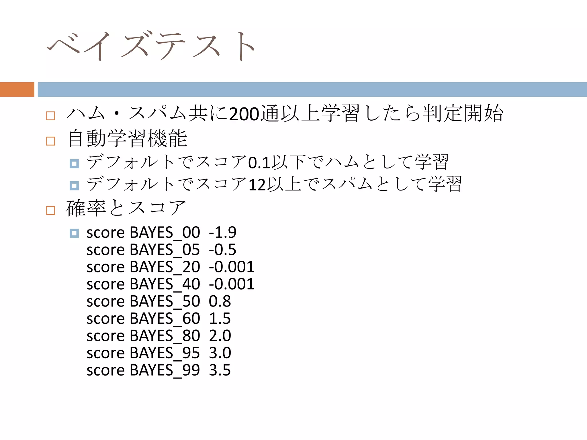 ベイズテストハム・スパム共に200通以上学習したら判定開始自動学習機能デフォルトでスコア0.1以下でハムとして学習デフォルトでスコア12以上でスパムとして学習確率とスコアscore BAYES_00  -1.9score BAYES_05  -0.5score BAYES_20  -0.001score BAYES_40  -0.001score BAYES_50  0.8score BAYES_60  1.5score BAYES_80  2.0score BAYES_95  3.0score BAYES_99  3.5