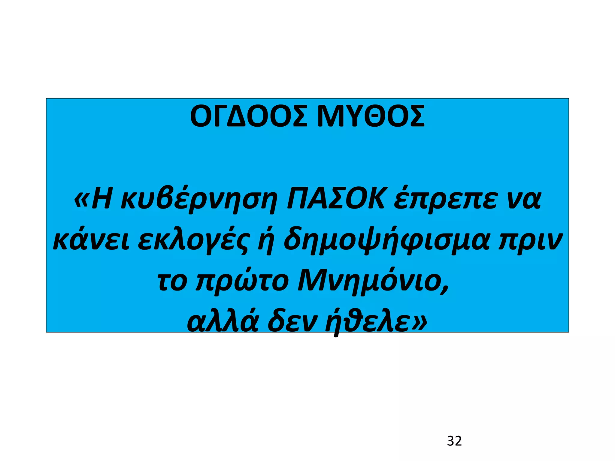 ΟΓΔΟΟΣ ΜΥΘΟΣ

 «Η κυβέρνηση ΠΑΣΟΚ έπρεπε να 
κάνει εκλογές ή δημοψήφισμα πριν 
       το πρώτο Μνημόνιο, 
         αλλά δεν ήθελε»


                         32
 
