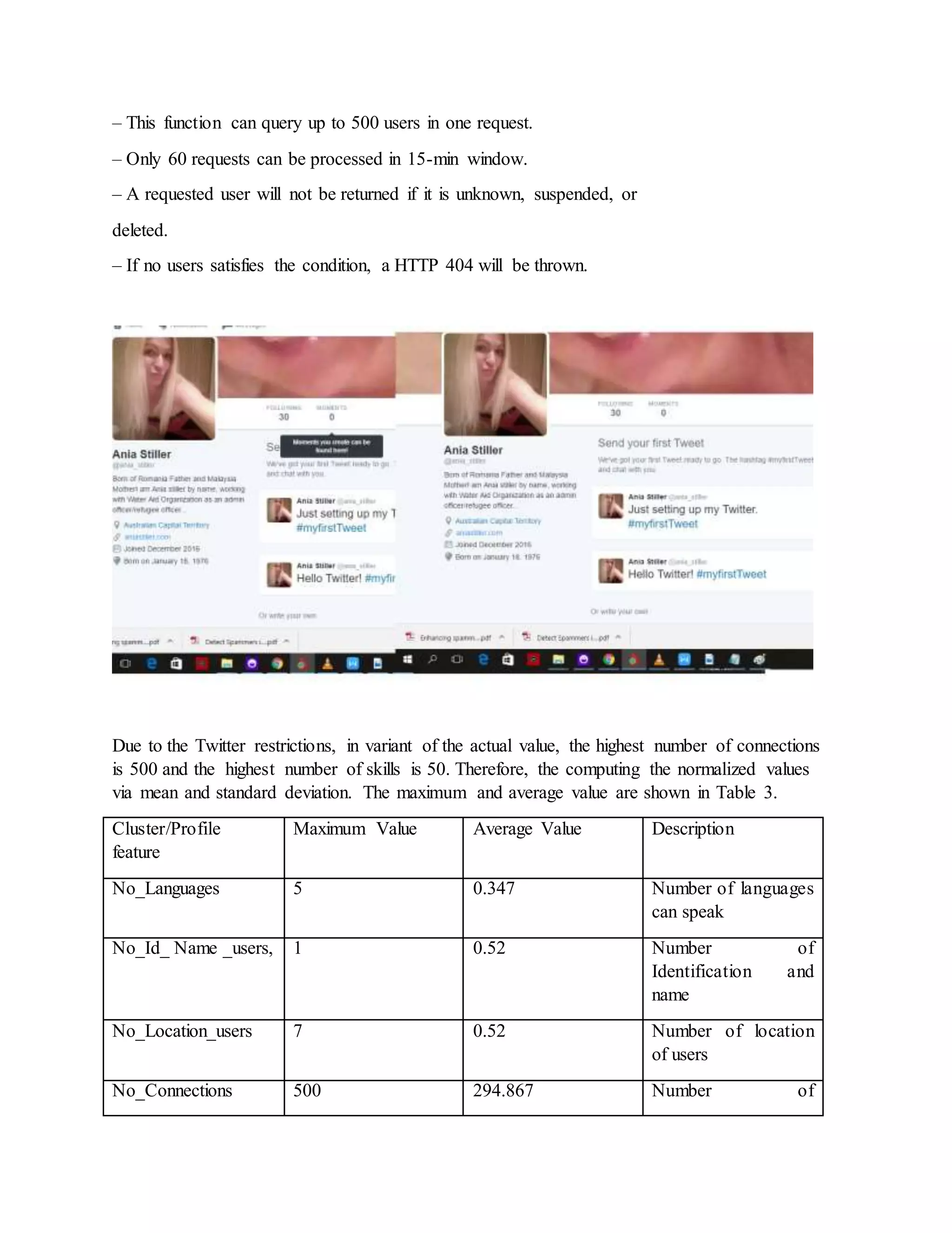 – This function can query up to 500 users in one request.
– Only 60 requests can be processed in 15-min window.
– A requested user will not be returned if it is unknown, suspended, or
deleted.
– If no users satisfies the condition, a HTTP 404 will be thrown.
Due to the Twitter restrictions, in variant of the actual value, the highest number of connections
is 500 and the highest number of skills is 50. Therefore, the computing the normalized values
via mean and standard deviation. The maximum and average value are shown in Table 3.
Cluster/Profile
feature
Maximum Value Average Value Description
No_Languages 5 0.347 Number of languages
can speak
No_Id_ Name _users, 1 0.52 Number of
Identification and
name
No_Location_users 7 0.52 Number of location
of users
No_Connections 500 294.867 Number of
 