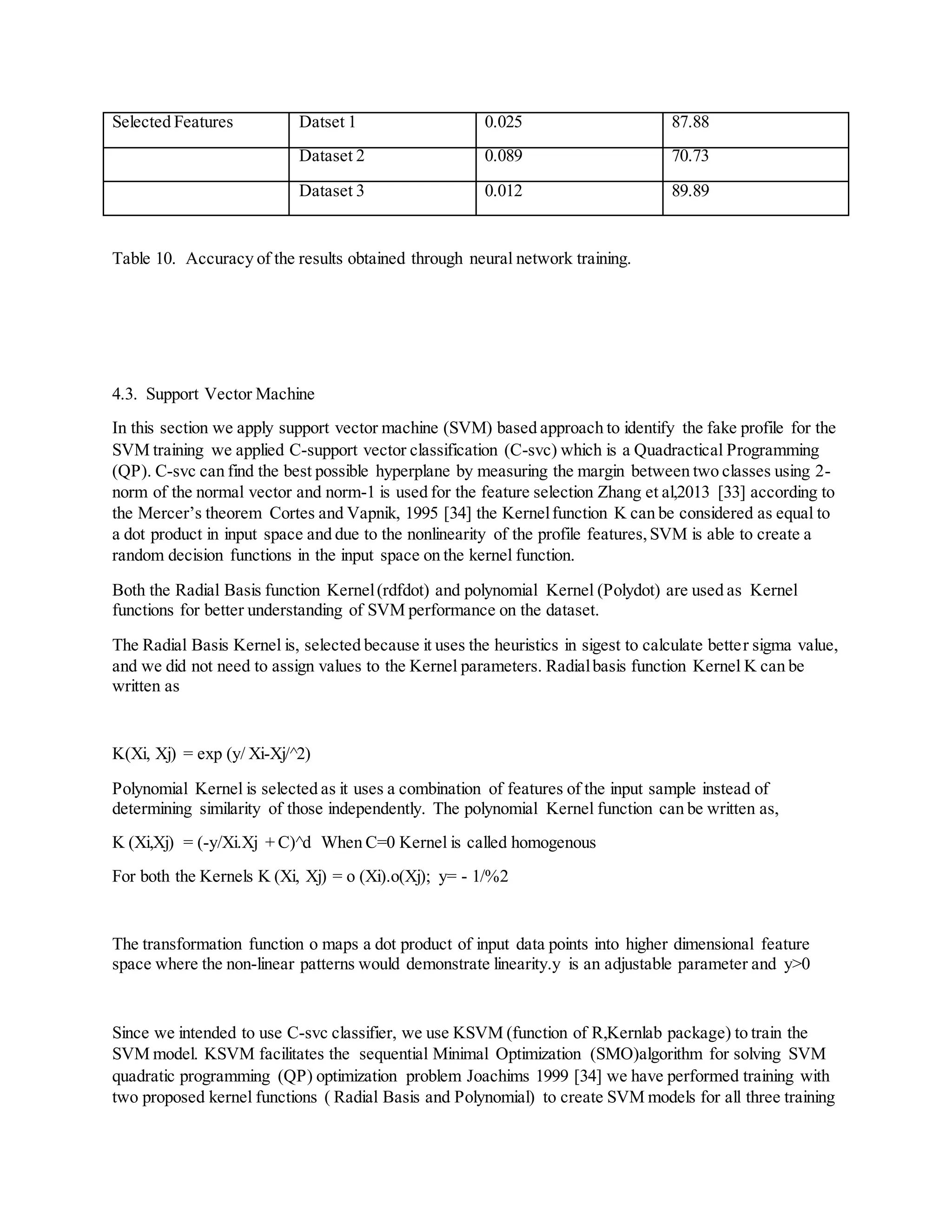 Selected Features Datset 1 0.025 87.88
Dataset 2 0.089 70.73
Dataset 3 0.012 89.89
Table 10. Accuracy of the results obtained through neural network training.
4.3. Support Vector Machine
In this section we apply support vector machine (SVM) based approach to identify the fake profile for the
SVM training we applied C-support vector classification (C-svc) which is a Quadractical Programming
(QP). C-svc can find the best possible hyperplane by measuring the margin between two classes using 2-
norm of the normal vector and norm-1 is used for the feature selection Zhang et al,2013 [33] according to
the Mercer’s theorem Cortes and Vapnik, 1995 [34] the Kernelfunction K can be considered as equal to
a dot product in input space and due to the nonlinearity of the profile features,SVM is able to create a
random decision functions in the input space on the kernel function.
Both the Radial Basis function Kernel(rdfdot) and polynomial Kernel (Polydot) are used as Kernel
functions for better understanding of SVM performance on the dataset.
The Radial Basis Kernel is, selected because it uses the heuristics in sigest to calculate better sigma value,
and we did not need to assign values to the Kernel parameters. Radialbasis function Kernel K can be
written as
K(Xi, Xj) = exp (y/ Xi-Xj/^2)
Polynomial Kernel is selected as it uses a combination of features of the input sample instead of
determining similarity of those independently. The polynomial Kernel function can be written as,
K (Xi,Xj) = (-y/Xi.Xj + C)^d When C=0 Kernel is called homogenous
For both the Kernels K (Xi, Xj) = o (Xi).o(Xj); y= - 1/%2
The transformation function o maps a dot product of input data points into higher dimensional feature
space where the non-linear patterns would demonstrate linearity.y is an adjustable parameter and y>0
Since we intended to use C-svc classifier, we use KSVM (function of R,Kernlab package) to train the
SVM model. KSVM facilitates the sequential Minimal Optimization (SMO)algorithm for solving SVM
quadratic programming (QP) optimization problem Joachims 1999 [34] we have performed training with
two proposed kernel functions ( Radial Basis and Polynomial) to create SVM models for all three training
 