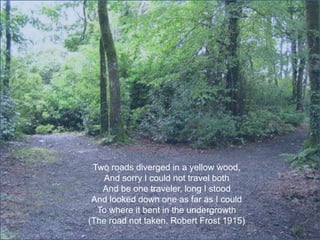 Two roads diverged in a yellow wood,
And sorry I could not travel both
And be one traveler, long I stood
And looked down one as far as I could
To where it bent in the undergrowth
(The road not taken, Robert Frost 1915)
 