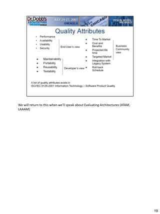 We will return to this when we’ll speak about Evaluating Architectures (ATAM,
LAAAM)




                                                                                19
 