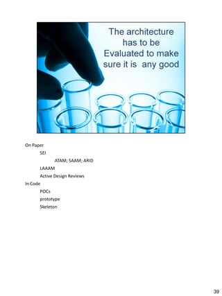 On Paper
      SEI
             ATAM; SAAM; ARID
      LAAAM
      Active Design Reviews
In Code
      POCs
      prototype
      Skeleton




                                39
 