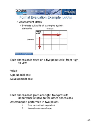 Each dimension is rated on a five point scale, from High
      to Low

Value
Operational cost
Development cost




Each dimension is given a weight, to express its
      importance relative to the other dimensions
Assessment is performed in two passes:
         1.   Treat each cell as independent
         2.   Normalize across each row




                                                           42
 