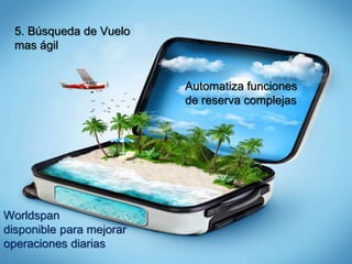 ·
Worldspan
disponible para mejorar
operaciones diarias
Automatiza funciones
de reserva complejas
5. Búsqueda de Vuelo
mas ágil