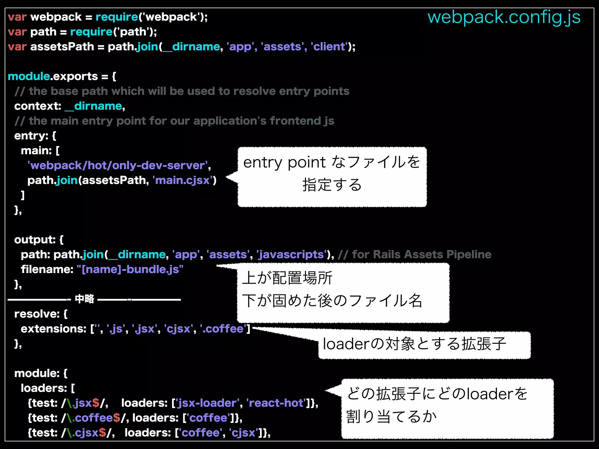 var webpack = require('webpack');
var path = require('path');
var assetsPath = path.join(__dirname, 'app', 'assets', 'client');
module.exports = {
// the base path which will be used to resolve entry points
context: __dirname,
// the main entry point for our application's frontend js
entry: {
main: [
'webpack/hot/only-dev-server',
path.join(assetsPath, 'main.cjsx')
]
},
output: {
path: path.join(__dirname, 'app', 'assets', 'javascripts'), // for Rails Assets Pipeline
ﬁlename: "[name]-bundle.js"
},
̶̶̶̶̶̶- 中略 ̶̶̶-̶̶̶̶̶
resolve: {
extensions: ['', '.js', '.jsx', 'cjsx', '.coffee']
},
module: {
loaders: [
{test: /.jsx$/, loaders: ['jsx-loader', 'react-hot']},
{test: /.coffee$/, loaders: ['coffee']},
{test: /.cjsx$/, loaders: ['coffee', 'cjsx']},
webpack.conﬁg.js
entry point なファイルを
指定する
上が配置場所
下が固めた後のファイル名
loaderの対象とする拡張子
どの拡張子にどのloaderを
割り当てるか
 