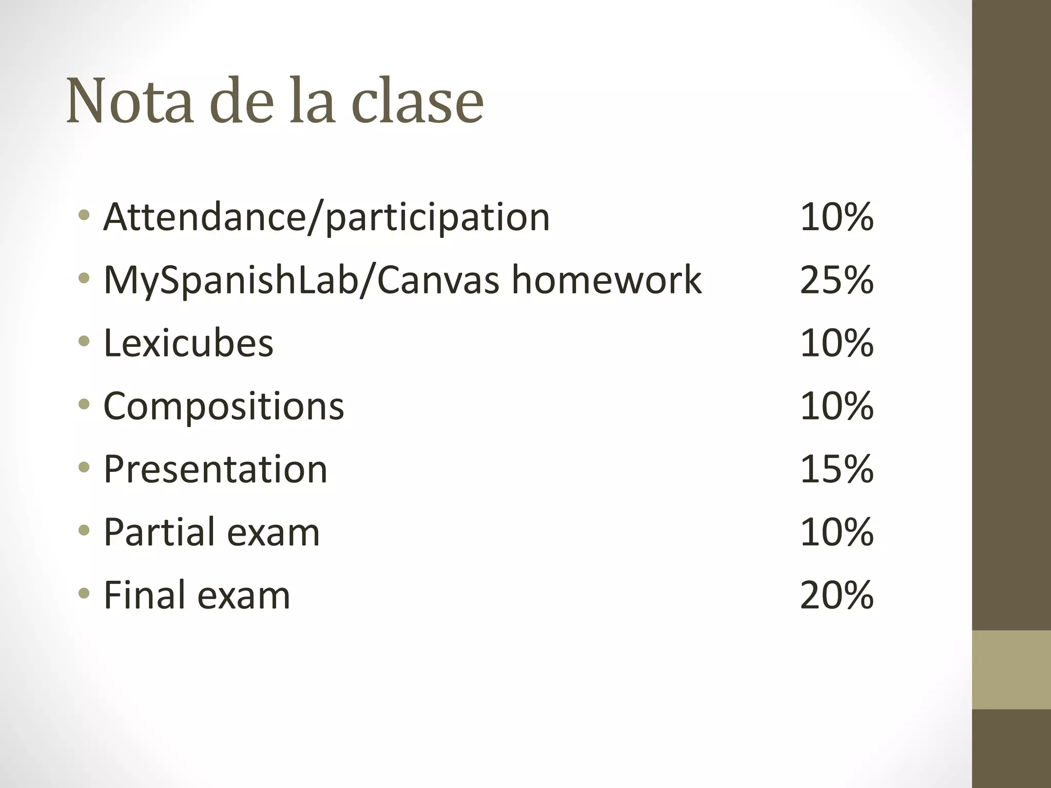Nota de la clase
• Attendance/participation 10%
• MySpanishLab/Canvas homework 25%
• Lexicubes 10%
• Compositions 10%
• Presentation 15%
• Partial exam 10%
• Final exam 20%
 
